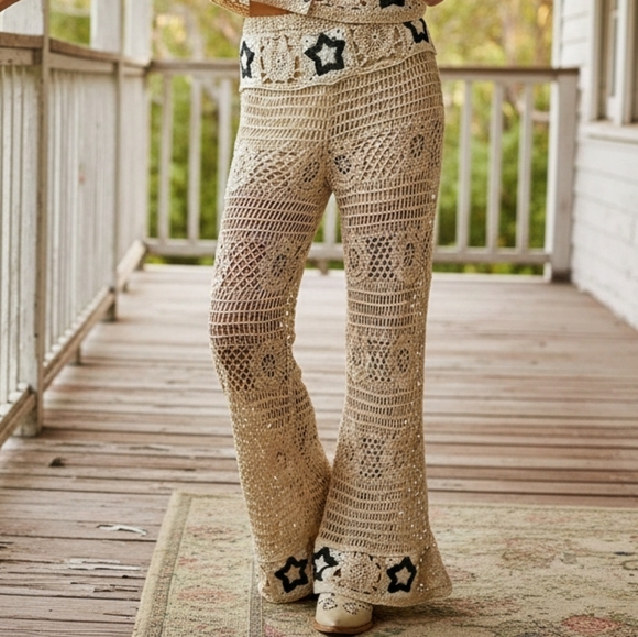 POL High-Rise Star Patchwork Openwork Granny Crochet Flare Leg Retro 70’s Pants - Picture 6 of 16